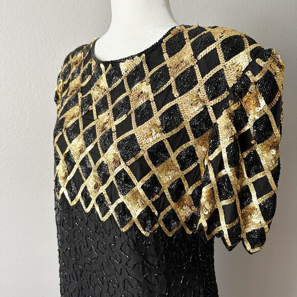 Laurence Kazar Gold Sequin Argyle Black Beaded Silk Evening Gown Women’s Size XL - Picture 3 of 15